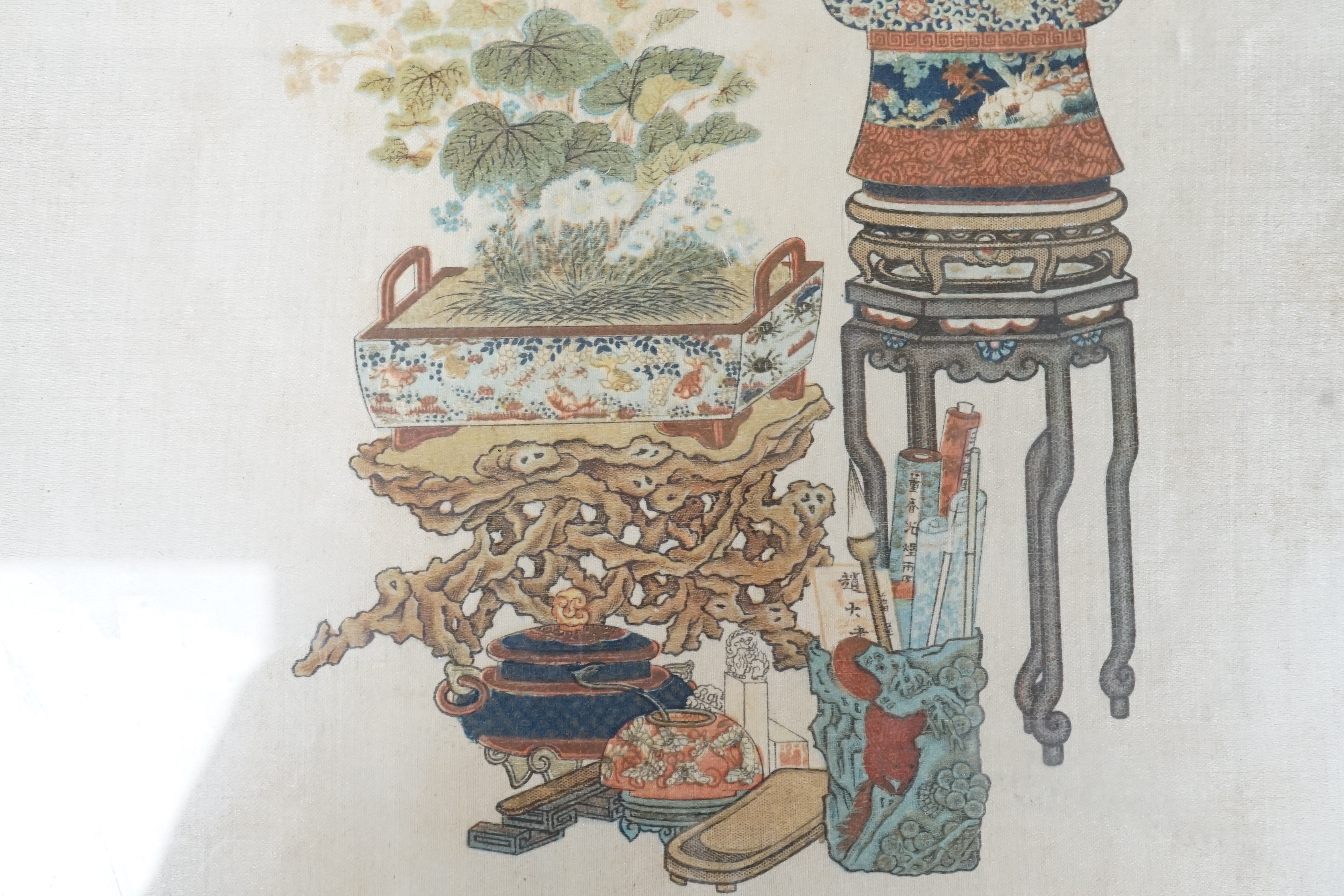 A Chinese print on silk of a plant stand and jardiniere. 28 x 24cm